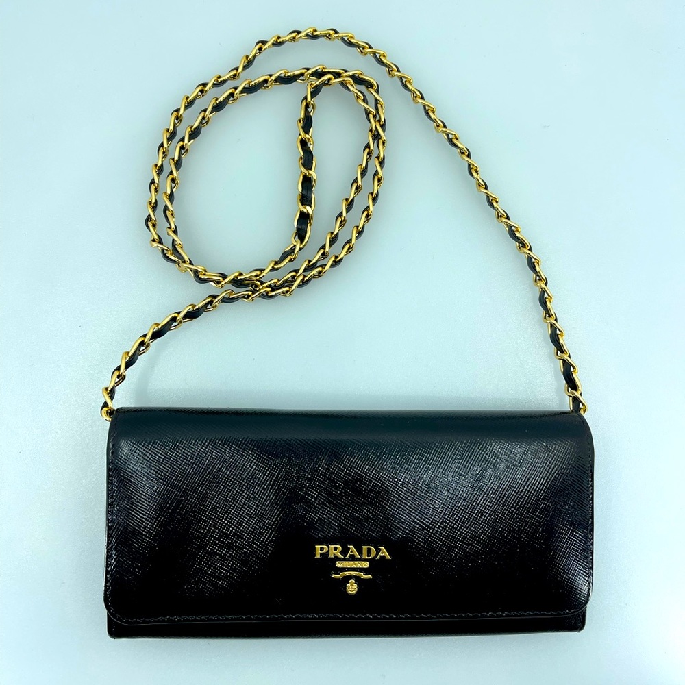Prada Black Leather Crossbody with Gold Chain